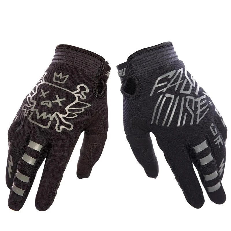 A pair of dark gray cycling gloves featuring a graphic design and striped accents.