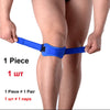 A person is wearing a blue adjustable patella tendon support brace on their knee.