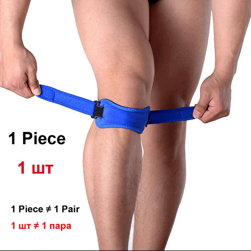 A person is wearing a blue adjustable patella tendon support brace on their knee.