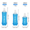 Three sizes of blue water bottles with various capacities and measurements shown side by side.