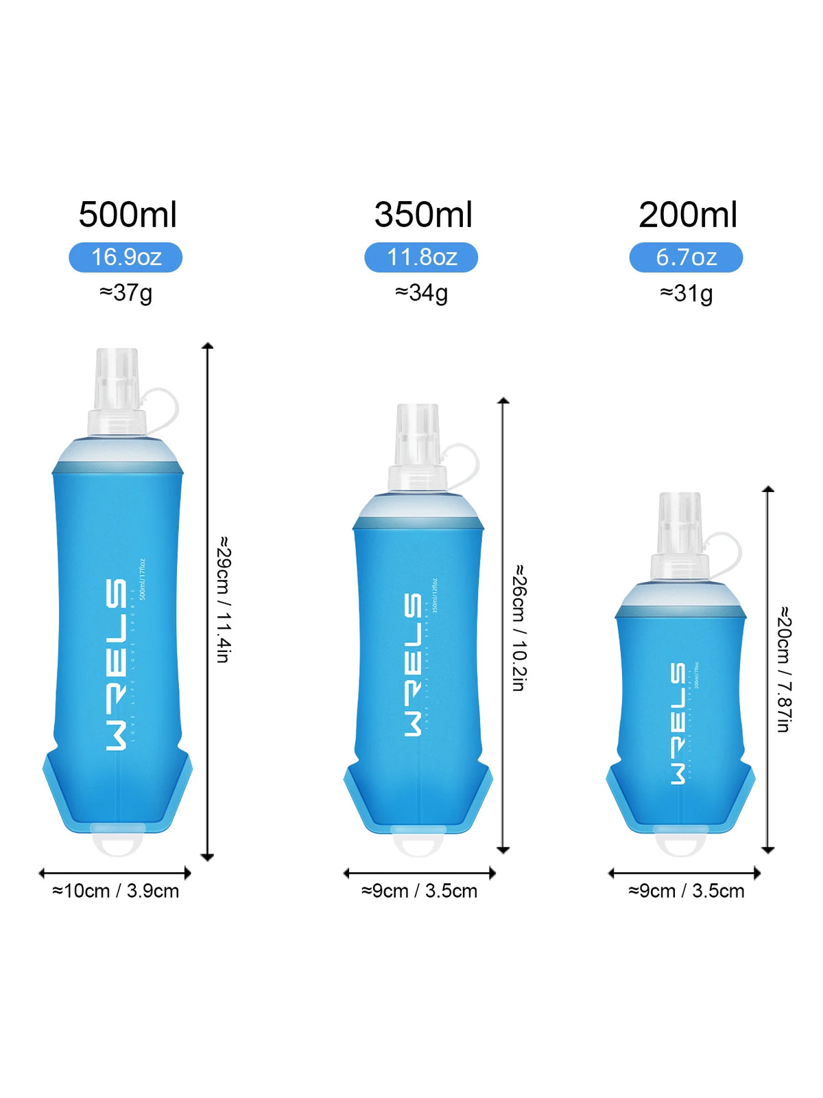 Three sizes of blue water bottles with various capacities and measurements shown side by side.