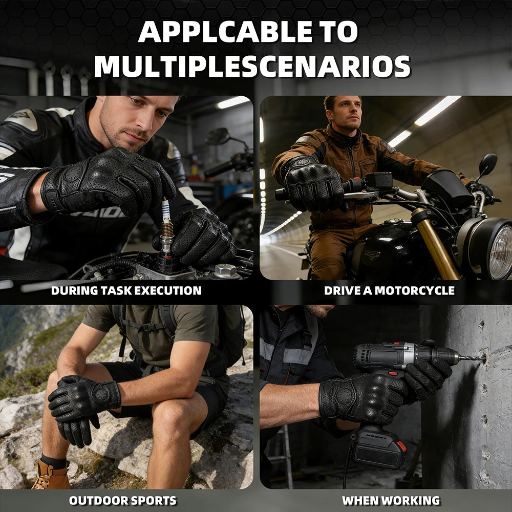 A set of durable leather riding gloves shown in various contexts including task execution, motorcycle riding, outdoor sports,