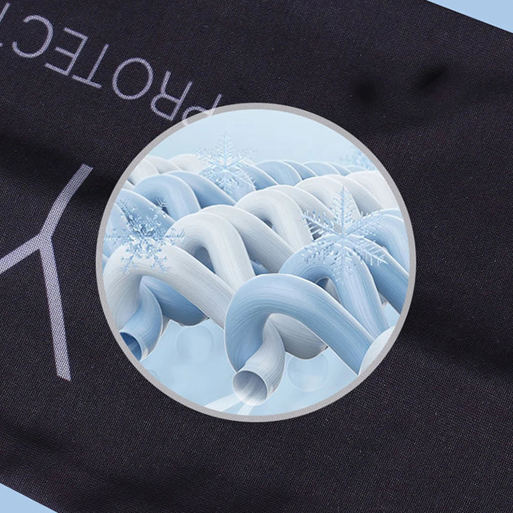 A circular graphic showing light blue, wavy fabric texture resembling breathable arm sleeves.