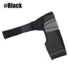 Black adjustable shoulder support brace with gray accents for rotator cuff relief