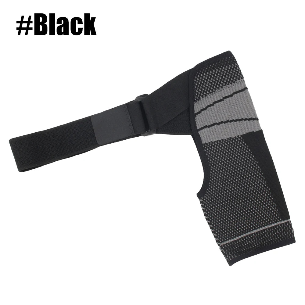 Black adjustable shoulder support brace with gray accents for rotator cuff relief