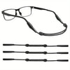 A black adjustable eyeglass strap shown in various lengths and configurations.