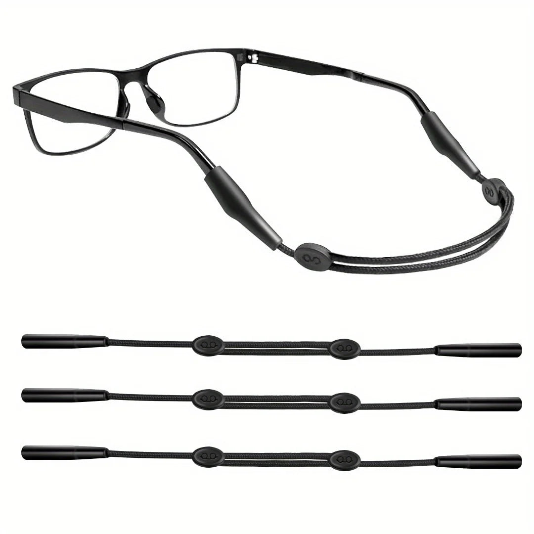 A black adjustable eyeglass strap shown in various lengths and configurations.