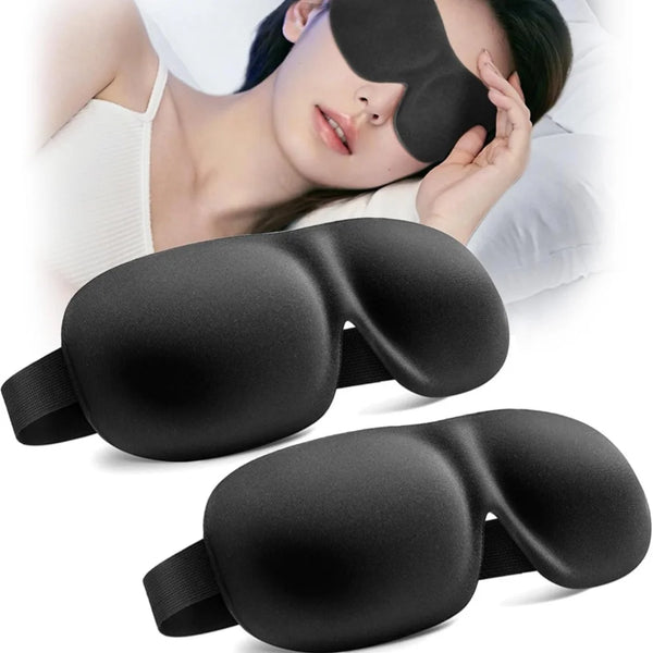 Black memory foam sleep mask worn by a woman, shown with the product lying separately.