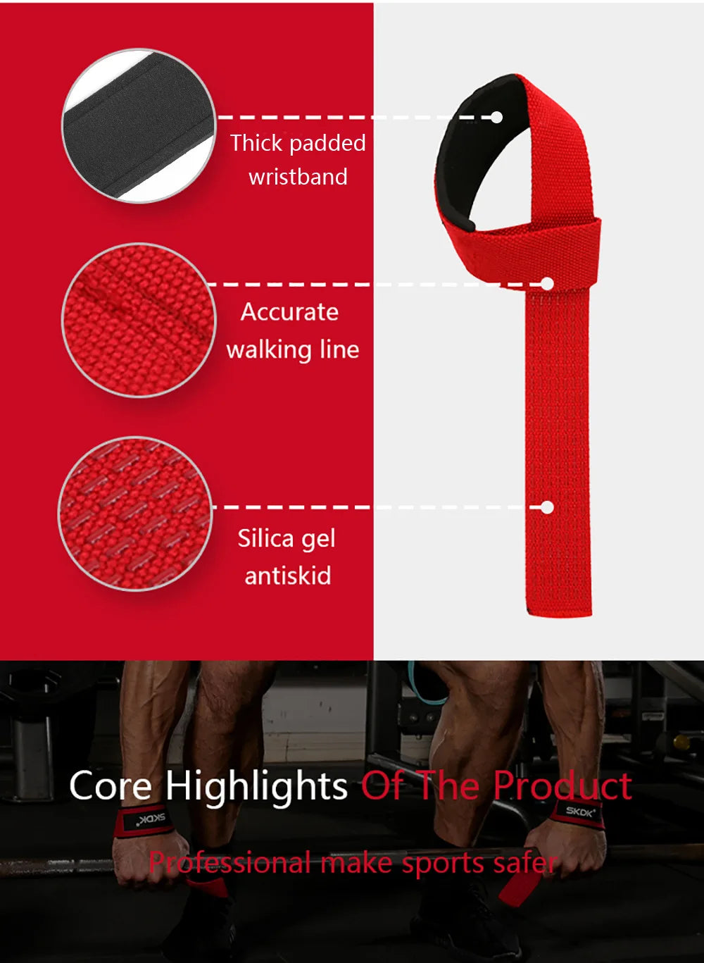 Red heavy-duty wristband with a thick pad, accurate walking line, and silica gel for an antiskid grip.