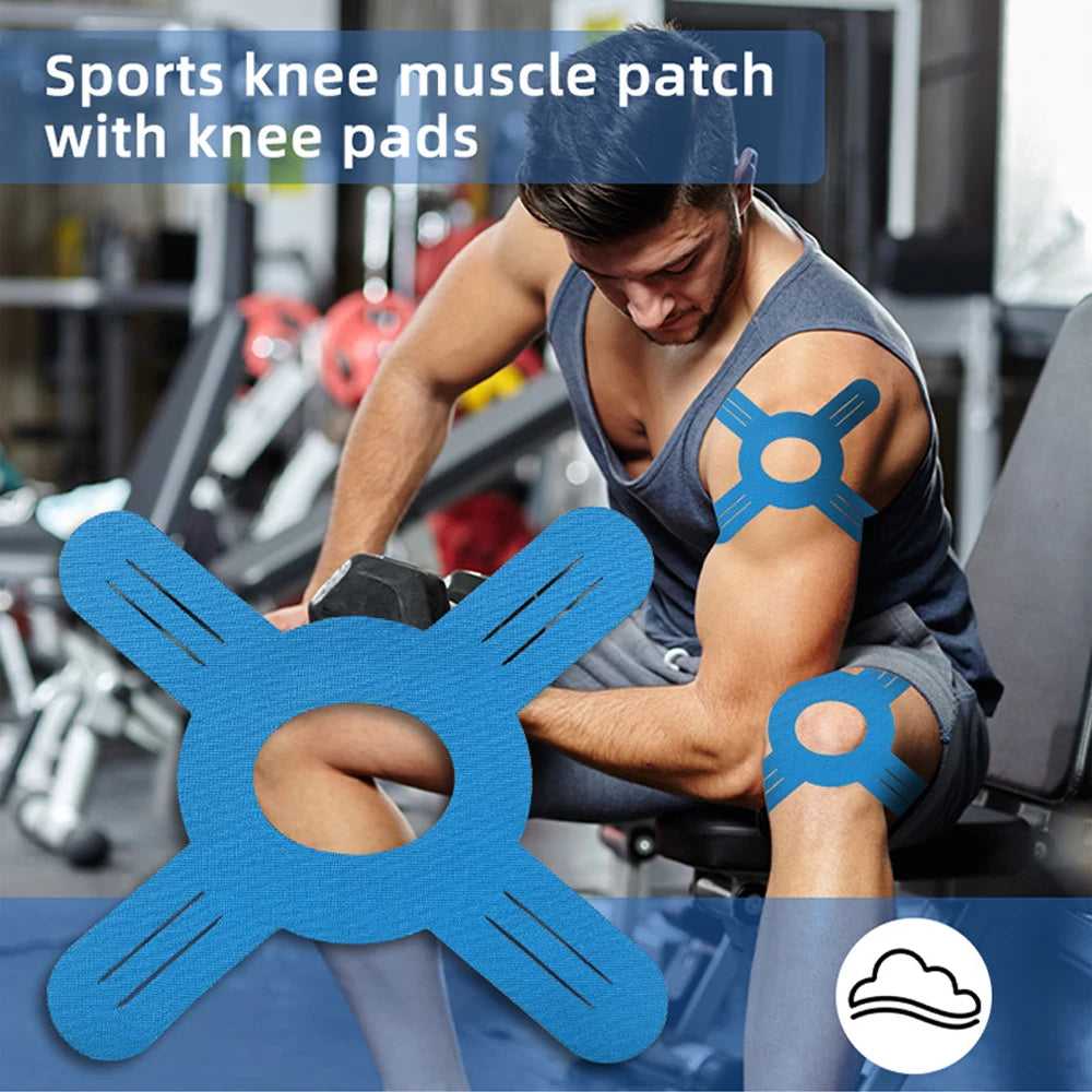 A man applying sports knee muscle patches with knee pads on his knee during a workout.