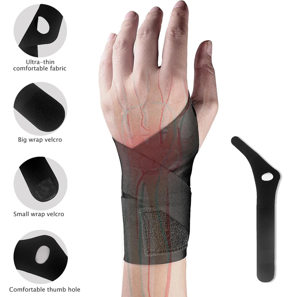 A hand wearing a black compression wrist support strap with various velcro and thumb features shown in detail.