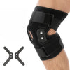Schwarze, geknickte Kniebandage mit Stabilisatoren, getragen am Bein einer Person.