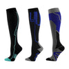 Three pairs of compression socks in black with blue and gray accents shown vertically.