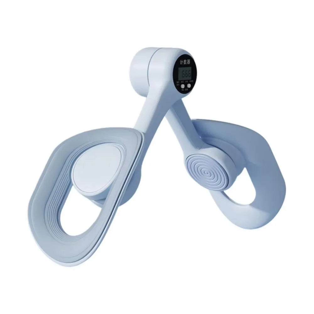A light blue thigh and hip strength trainer with a digital display.