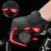 Close-up of black cycling gloves with red accents showing padding and non-slip features.