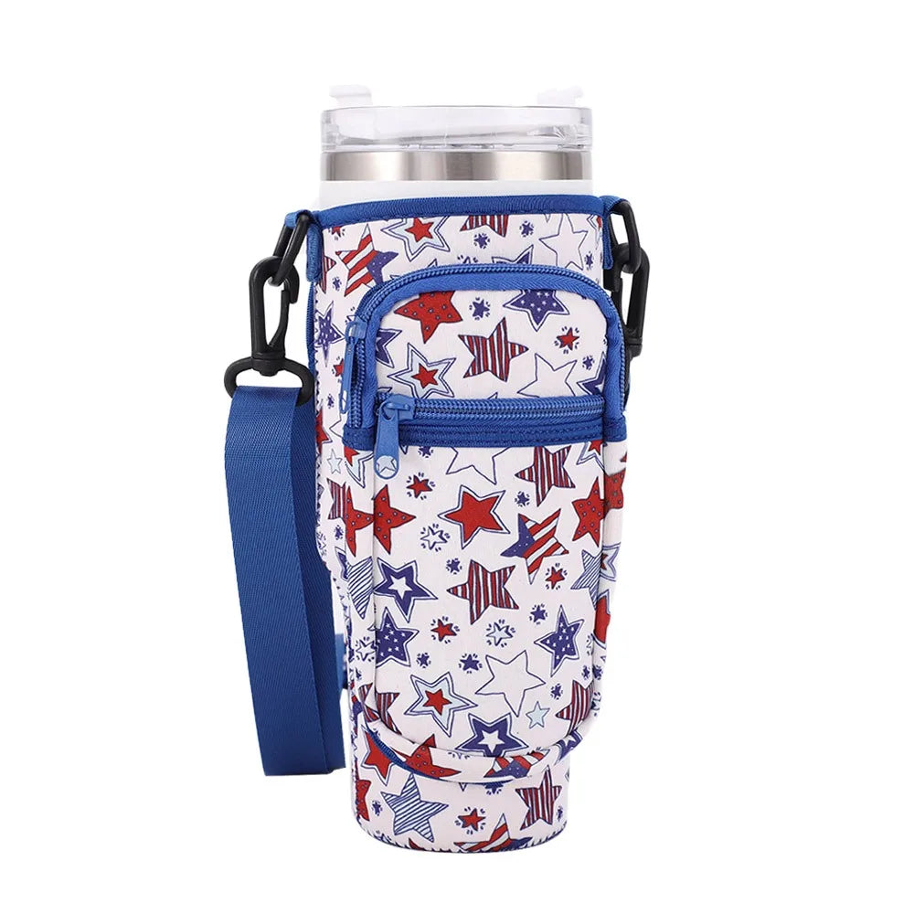 A blue and red patterned pouch designed to carry an adjustable water bottle.