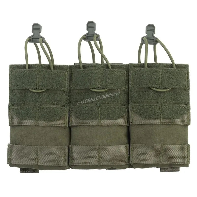 Three olive green tactical magazine pouches designed for plate carriers.