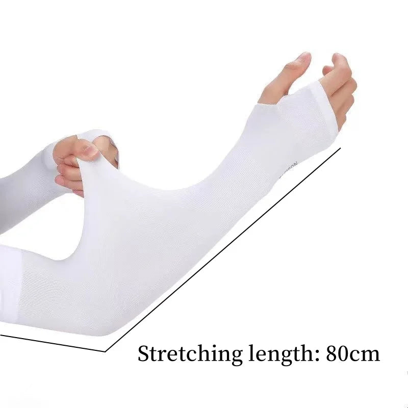 White stretching length 80cm arm sleeve being worn on an arm.