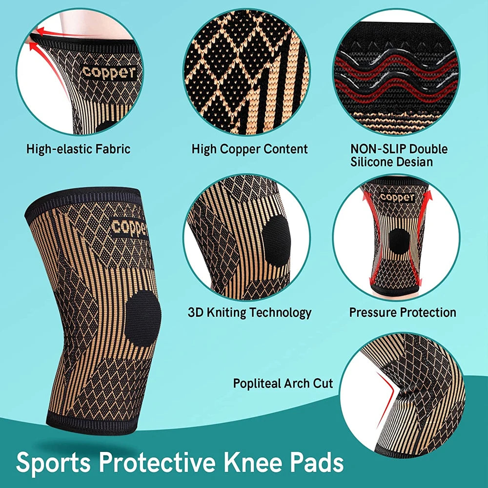 Sports protective knee pads featuring a copper design and 3D knitting technology for pain relief.