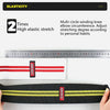 Black elastic knee wraps with red and yellow stripes shown next to a ruler.