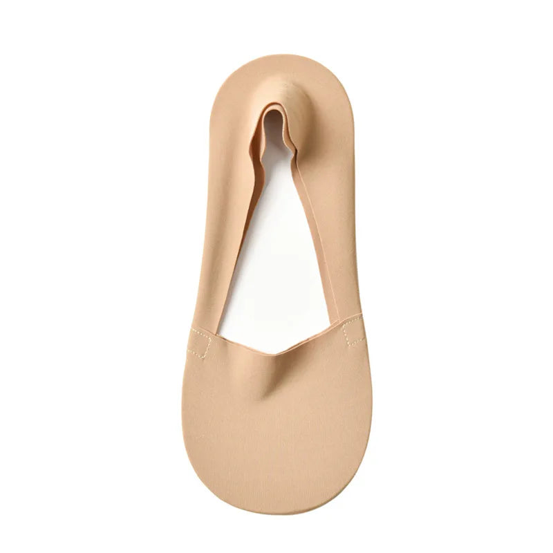 A pair of tan silicone anti-slip summer socks shown from the top view.