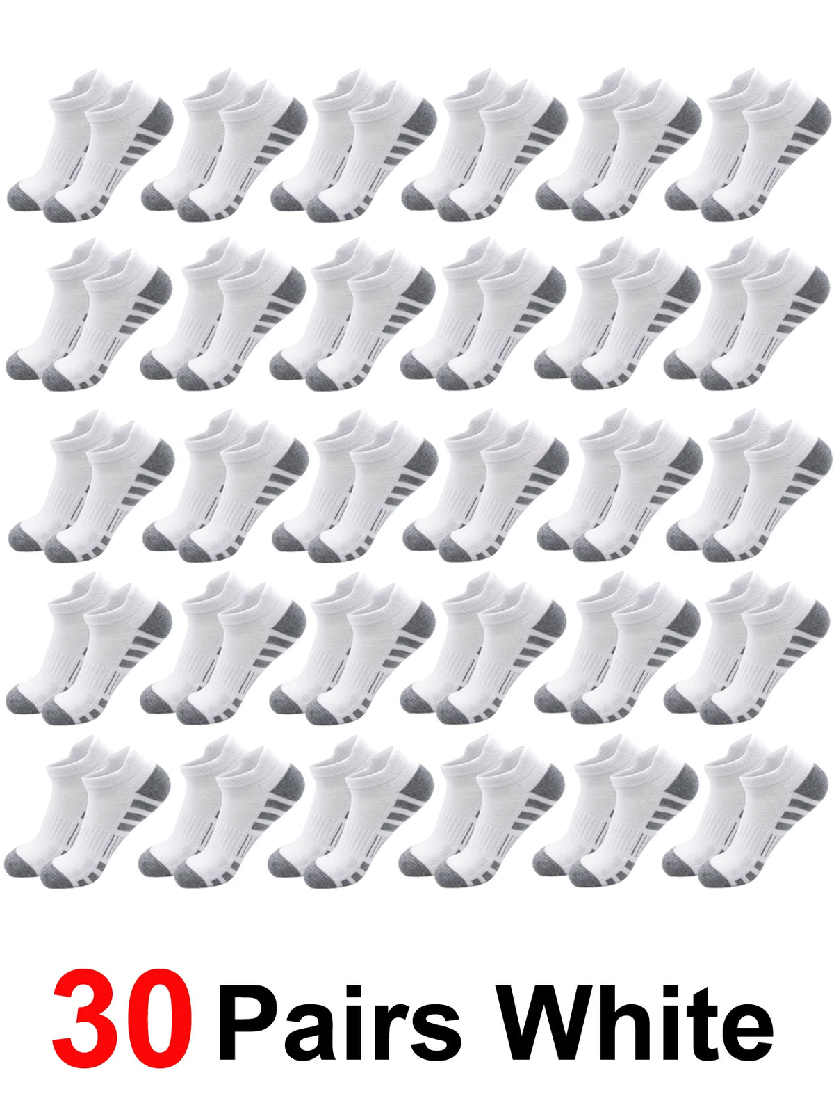 A collection of 30 pairs of white ankle athletic running socks laid out in rows.