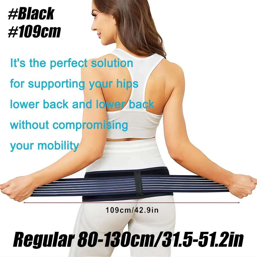 A woman wearing a black adjustable pelvic support hip belt for lower back and SI joint relief.