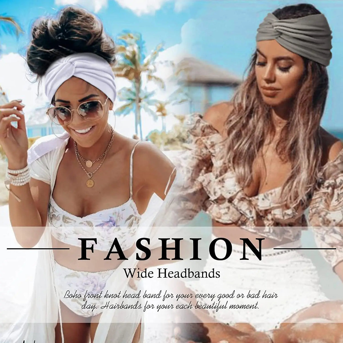 Two women modeling boho wide headbands in a tropical outdoor setting