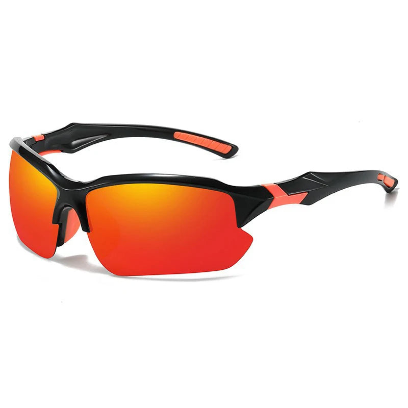 Orange and black polarized sunglasses with orange accents shown against a white background.