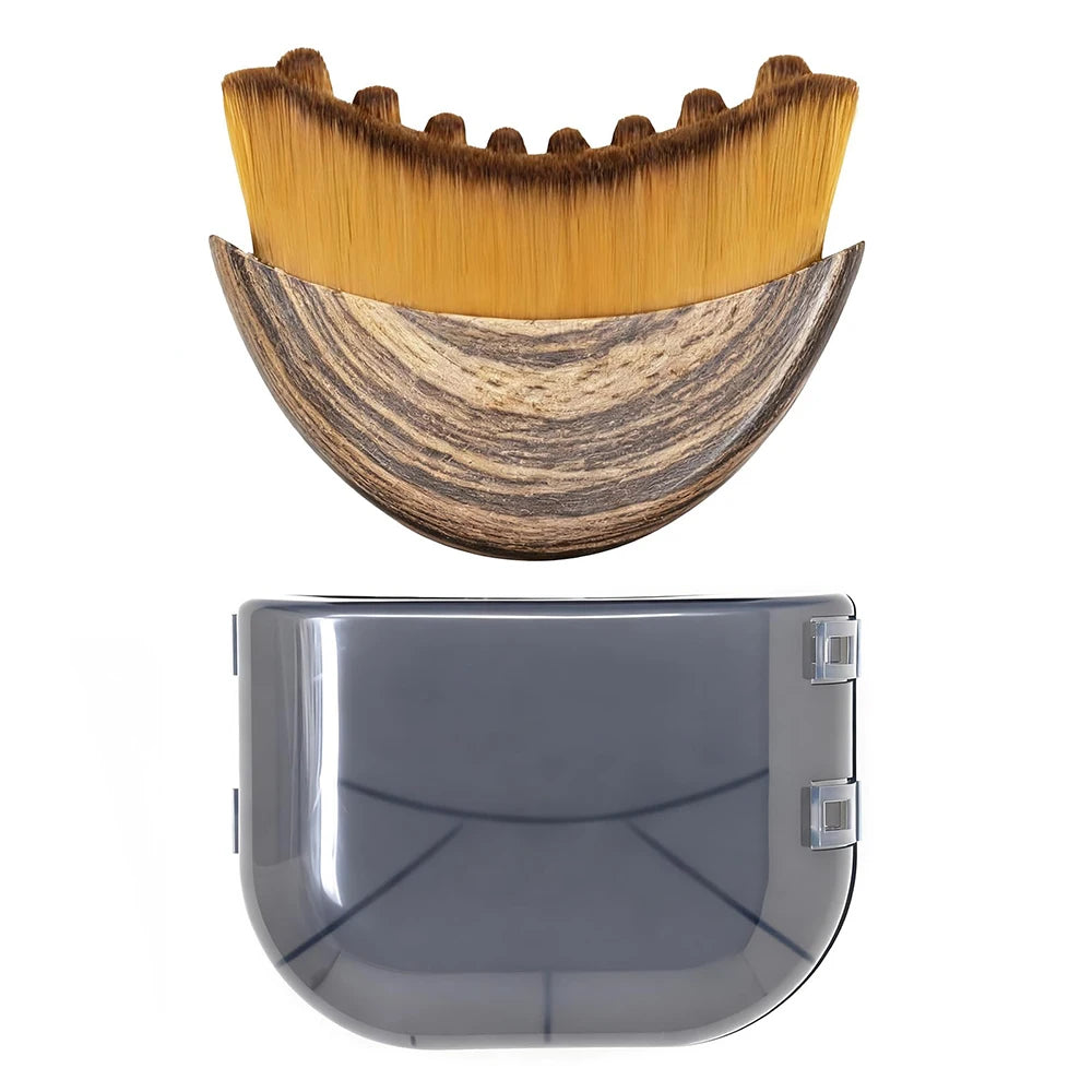 A wooden face brush with golden bristles and a clear storage case.