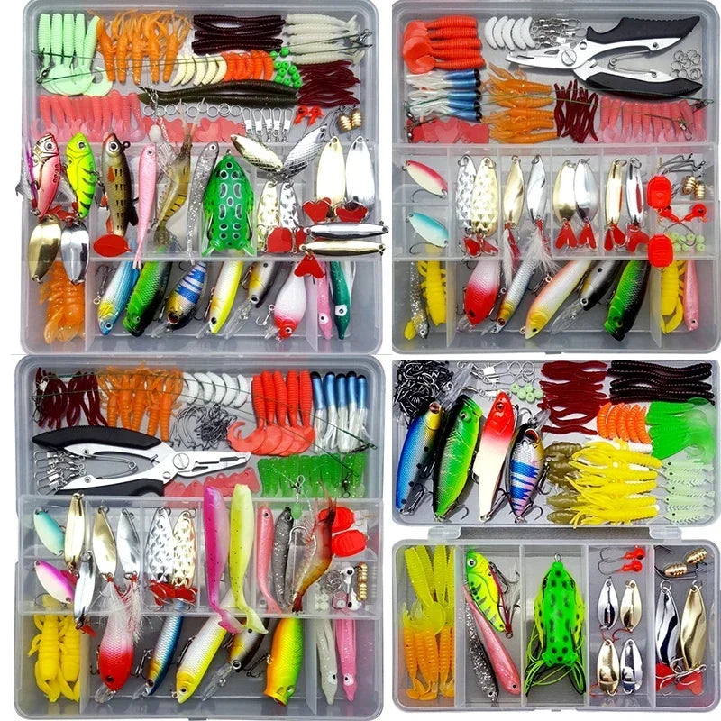 A collection of multi-function fishing lures including various colors, shapes, and sizes for angling.