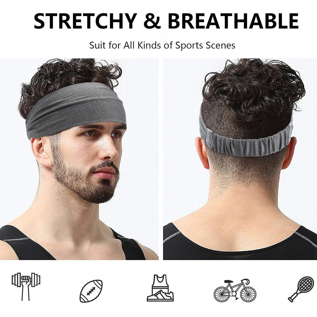Un homme portant un bandeau de sport gris, élastique et respirant, pour l'exercice.