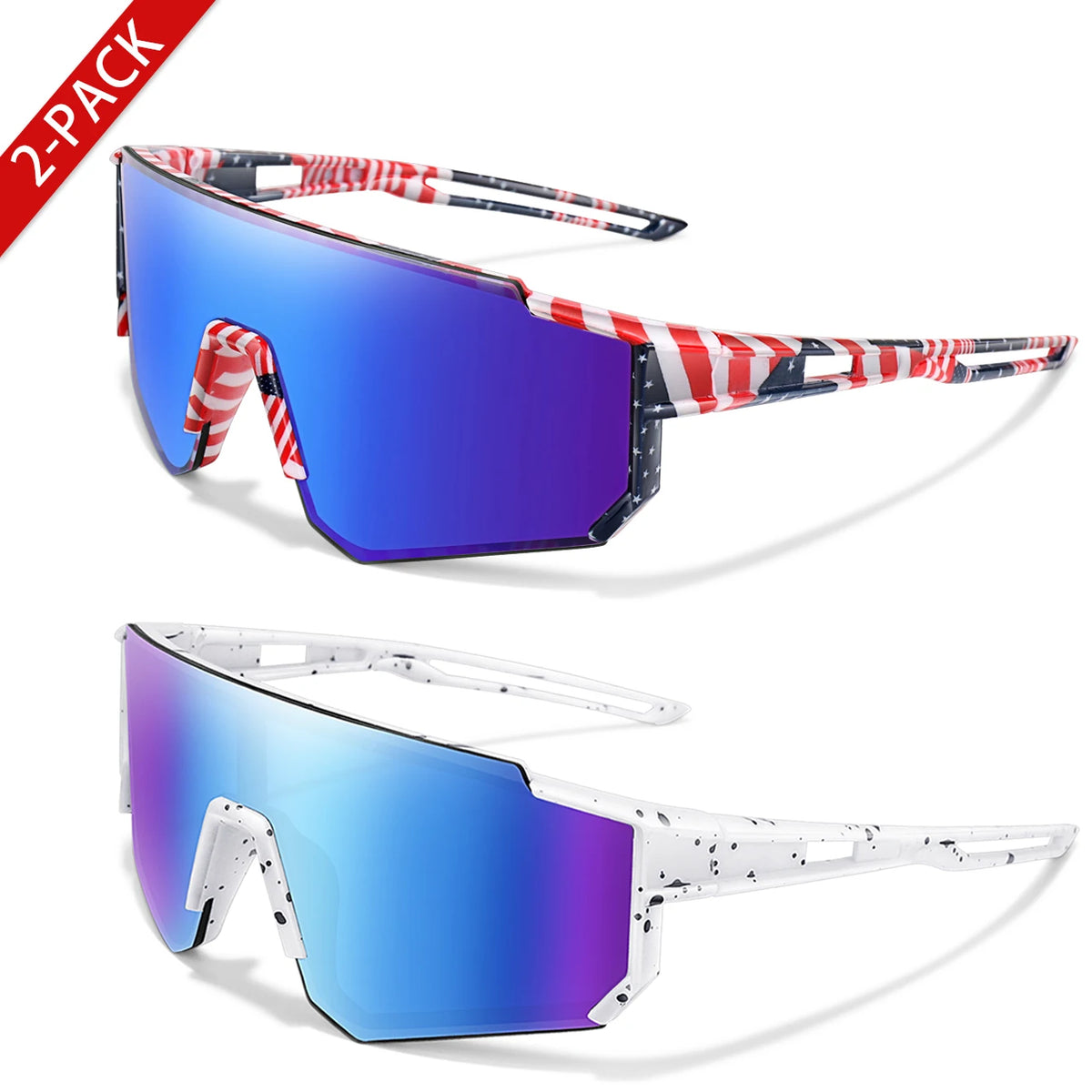 A pair of youth UV400 sunglasses with a square frame featuring a blue gradient lens and a patriotic red white and blue patter