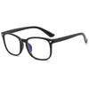 A pair of black square frame blue light blocking glasses shown against a white background.