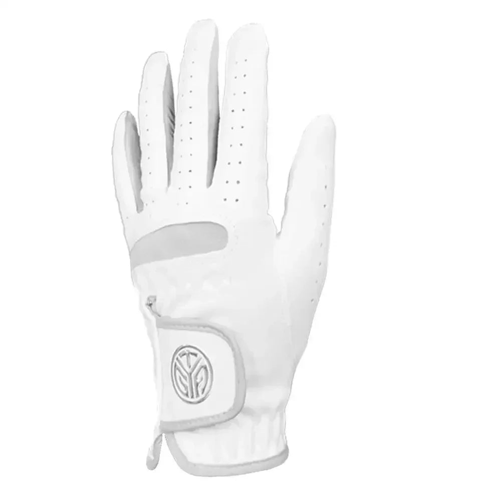 A white men's breathable golf glove shown against a white background.