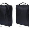 Black shoe carrier bag shown from the front and back views