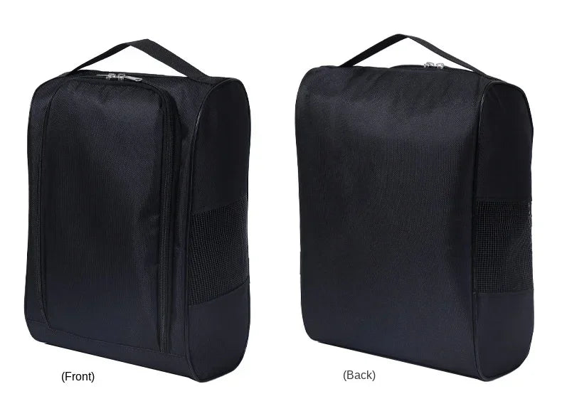 Black shoe carrier bag shown from the front and back views