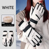 White thermal winter ski and riding gloves with black accents shown on a model's hand.