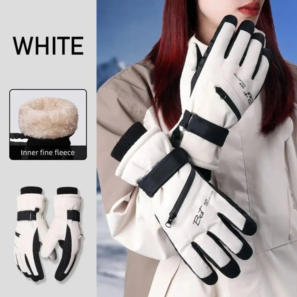 White thermal winter ski and riding gloves with black accents shown on a model's hand.