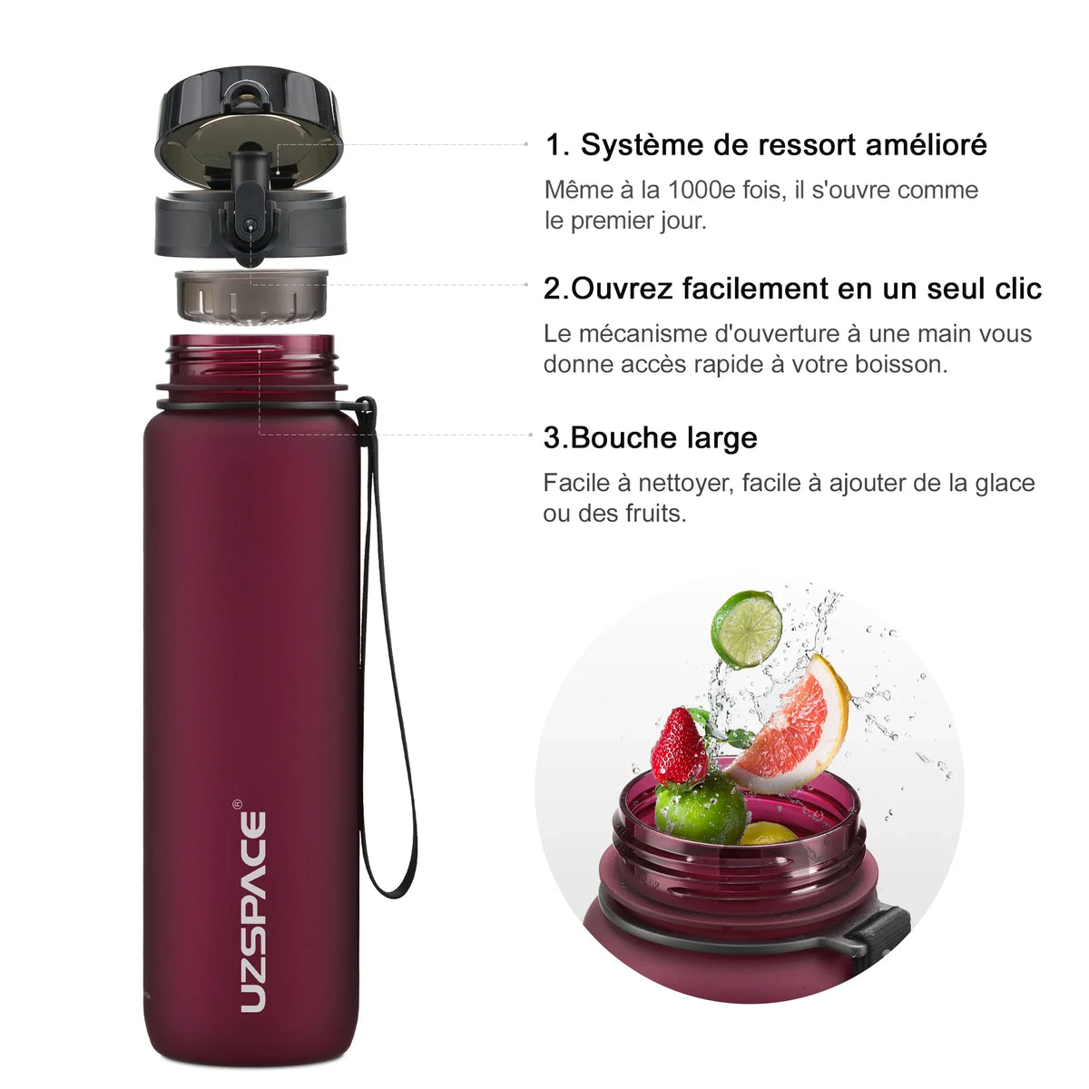 Dunklviolette wiederverwendbare Sportflasche mit schwarzem Deckel und Trageschnur, gezeigt neben den Merkmalen.