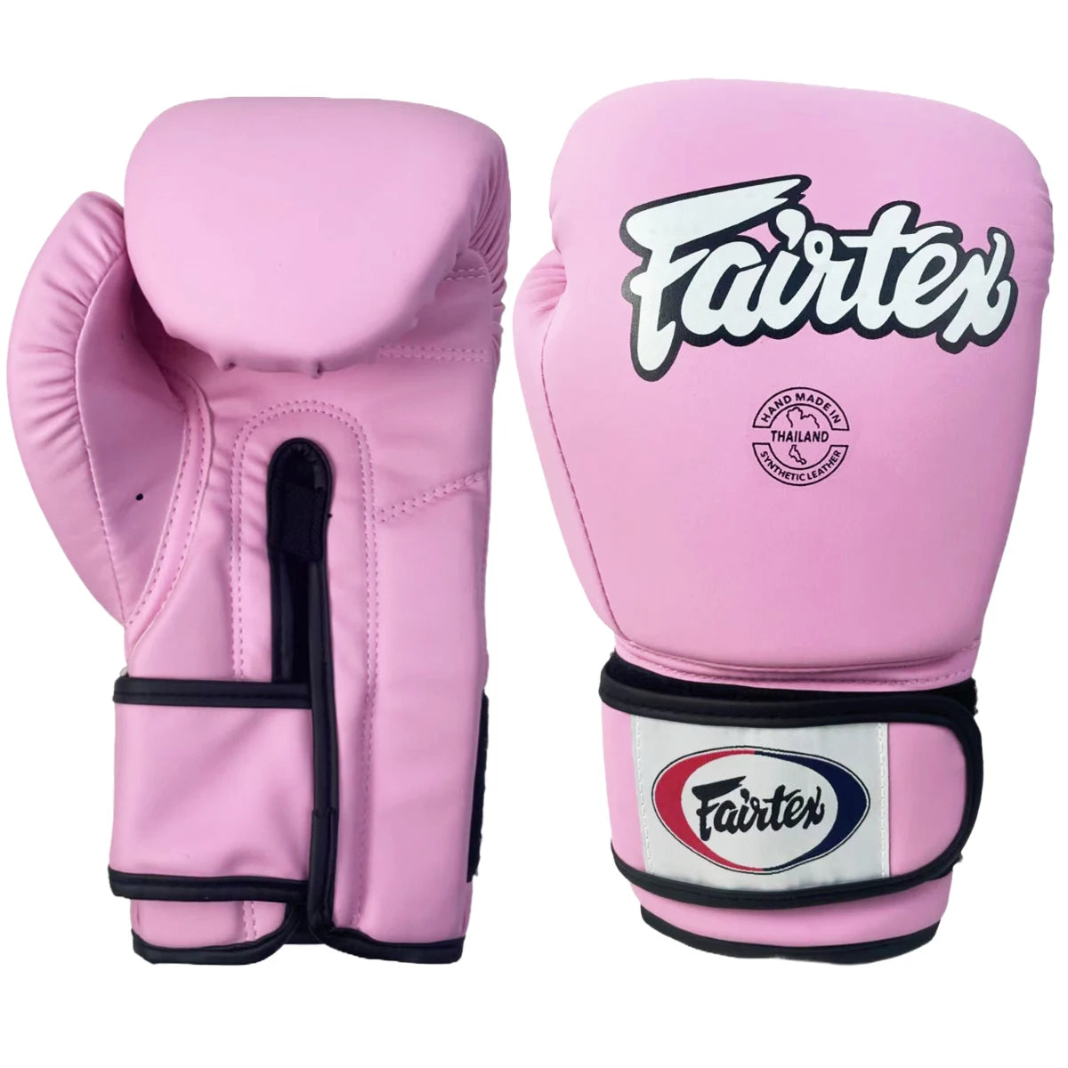 Ein Paar rosa Fairtex Boxhandschuhe in vertikaler Ansicht.
