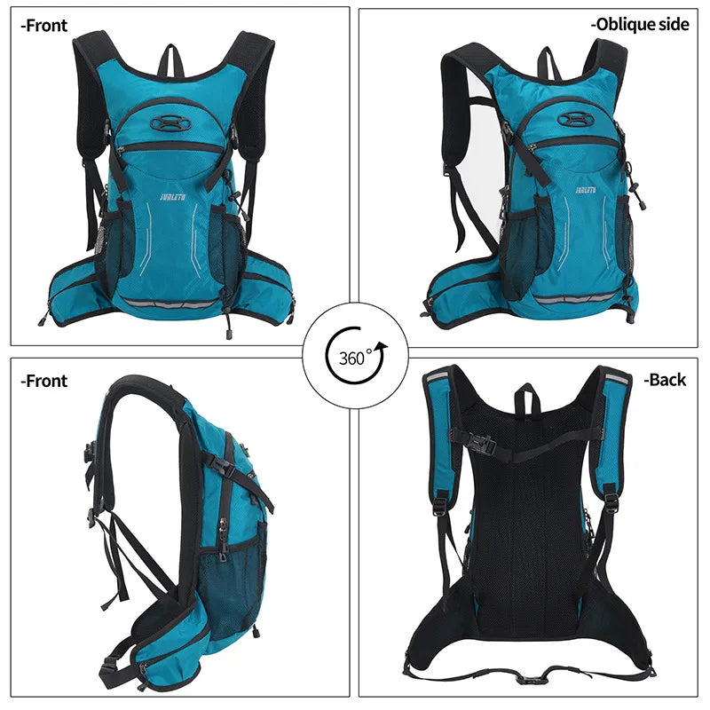 Front, oblique side, and back views of a teal hydration backpack with black straps.