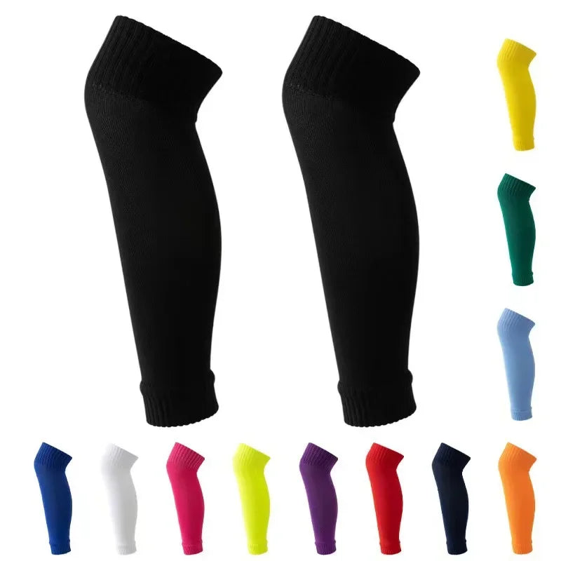 A collection of black compression football socks shown in various colors including yellow, green, blue, purple, red, and oran