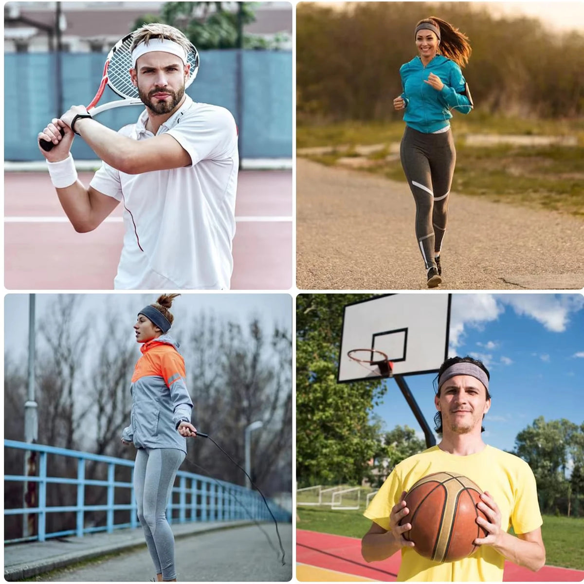 A collage showing a man playing tennis, a woman running outdoors, and a man playing basketball.