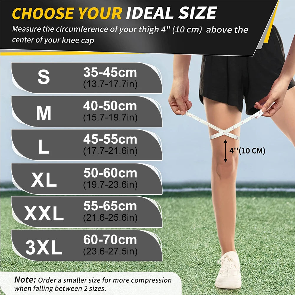 Guía que muestra las tallas para manguitos de pierna de compresión, de S a 3XL, con medidas proporcionadas.