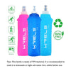 Three silicone water bottles in pink, blue, and teal are shown with icons for various outdoor activities.