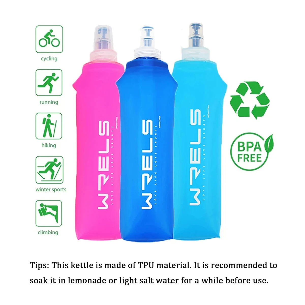 Three silicone water bottles in pink, blue, and teal are shown with icons for various outdoor activities.