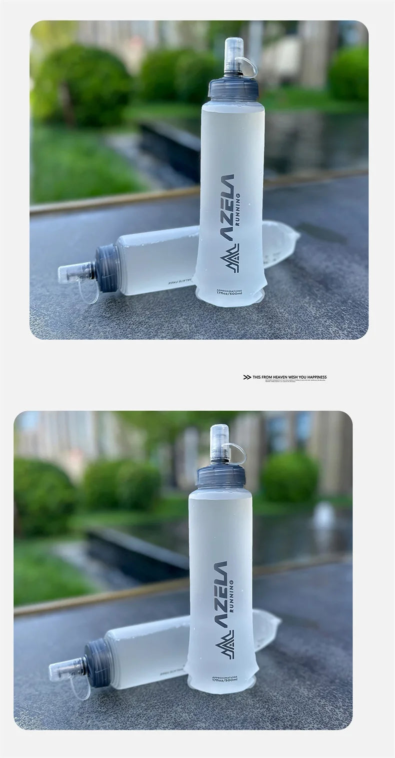A white collapsible silicone water bottle with a clear cap is shown outdoors on a dark surface.