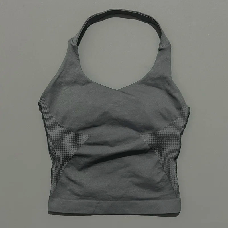 Graues, nahtloses Strick-Gym-Tanktop mit V-Ausschnitt und integrierter BH.