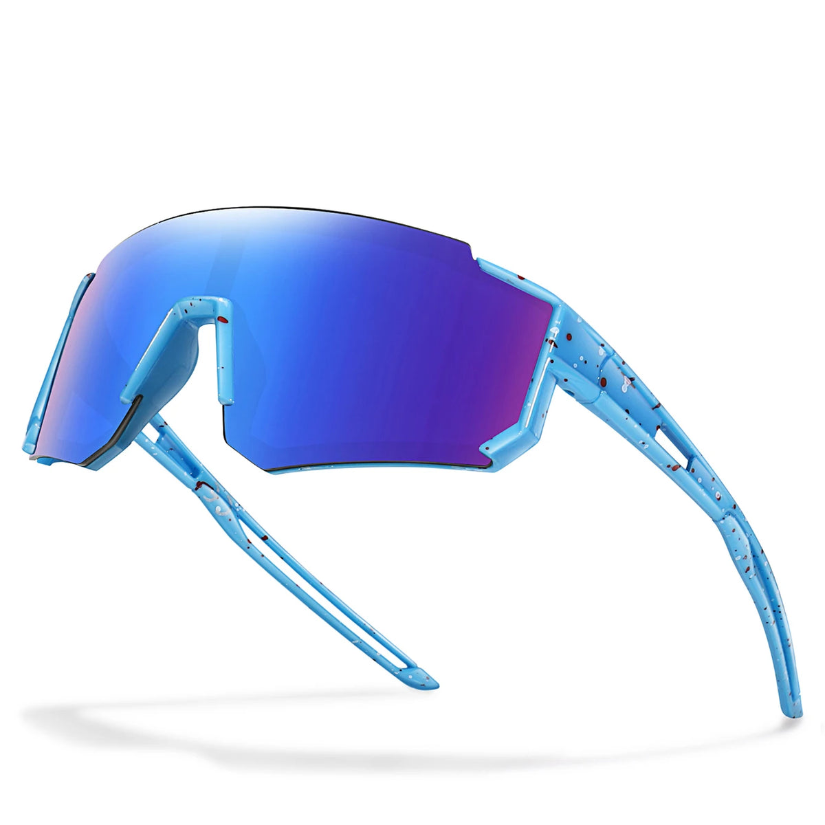 A pair of blue UV protection baseball sunglasses with light blue frames and mirrored lenses shown in profile.